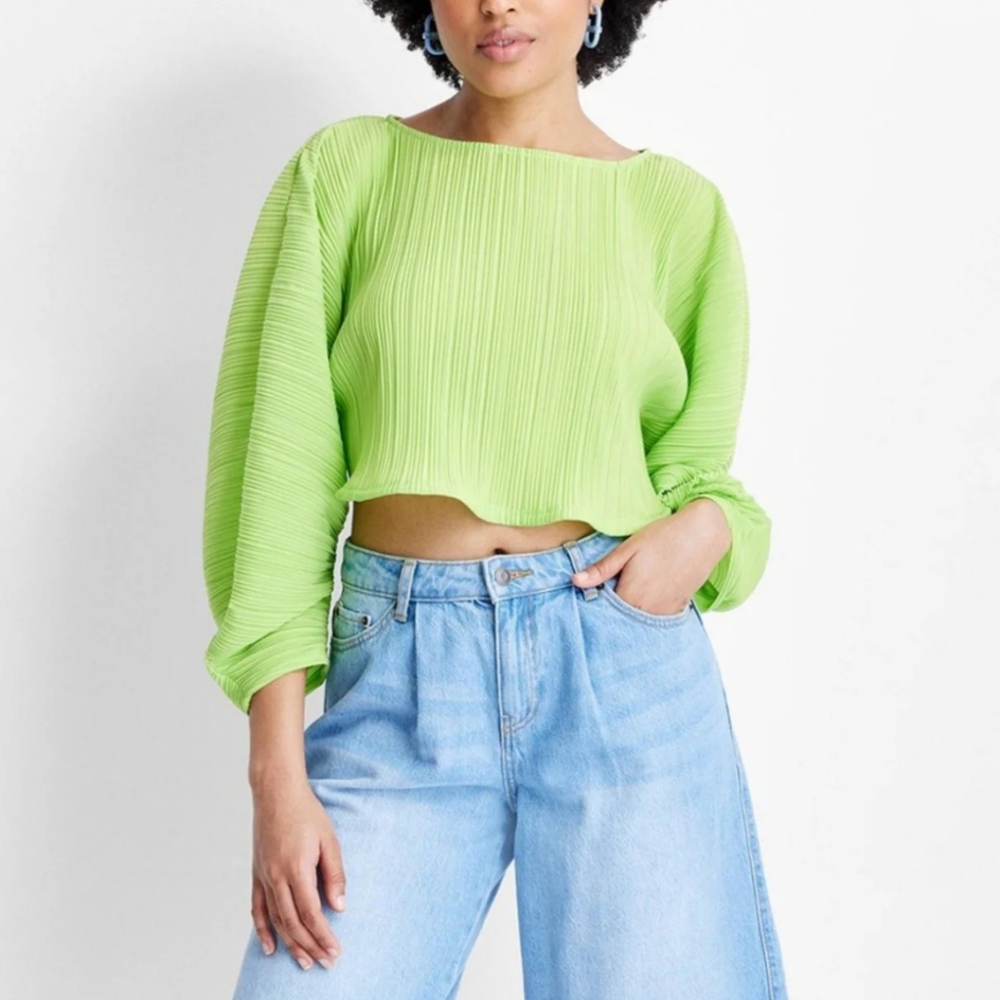 Pleated Lime Green Crop Top - Women